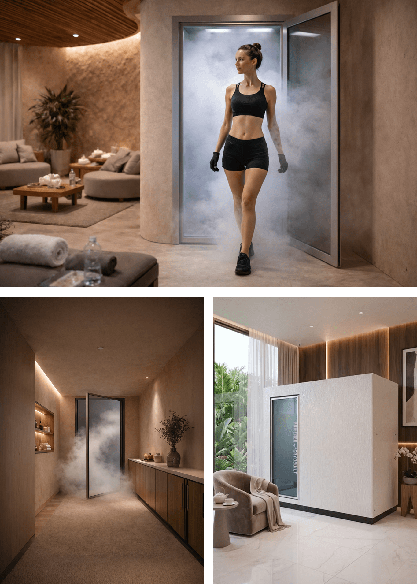 Woman in athletic wear walking through a modern, stylish room with a Cryobuilt
